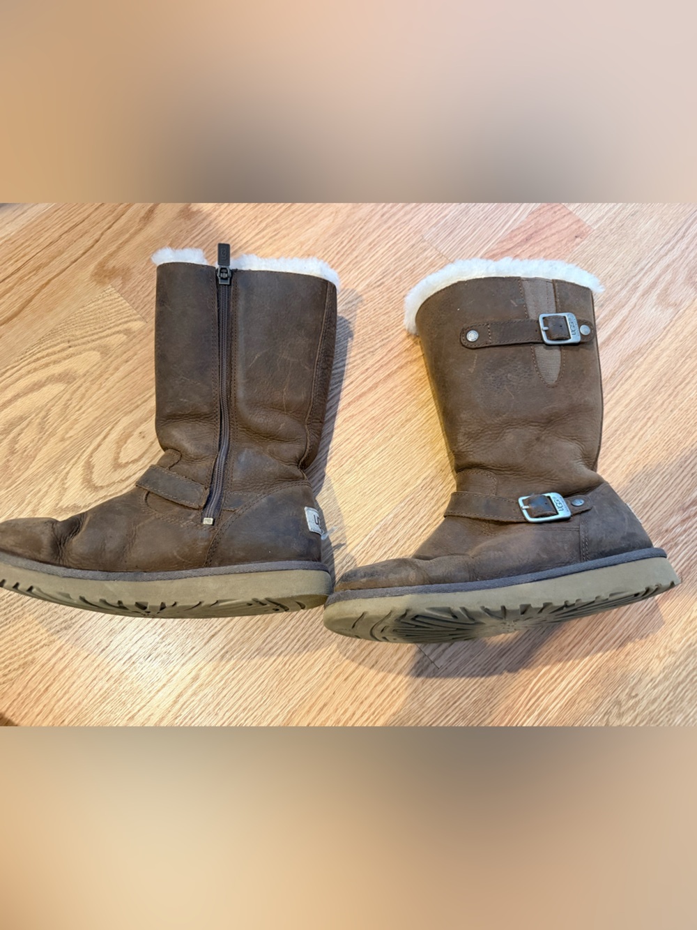 UGG Brown Suede Mid-Calf Shearling-Trim Boot with Buckles size 4